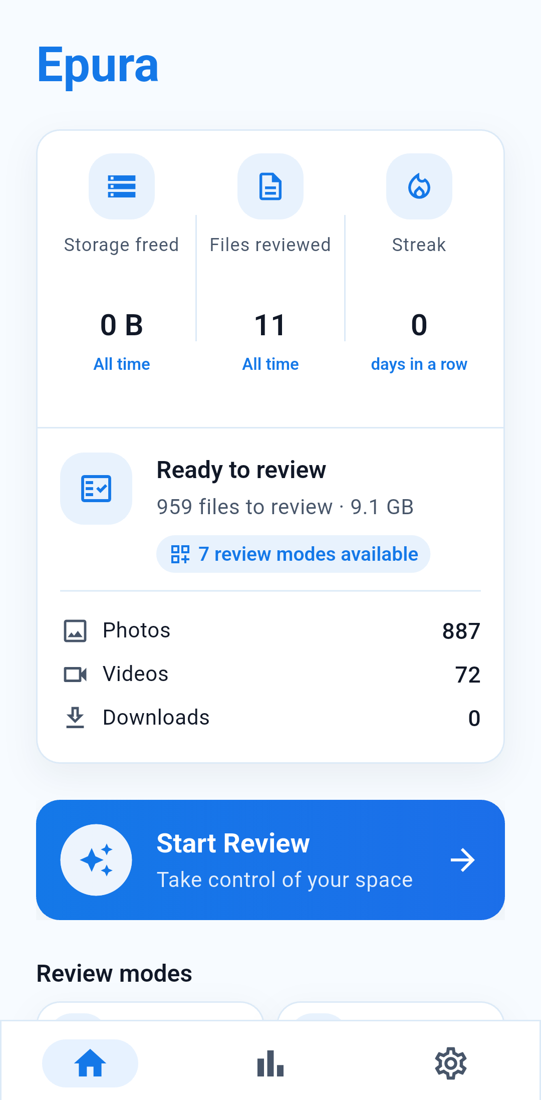 Epura home screen showing storage status and review modes